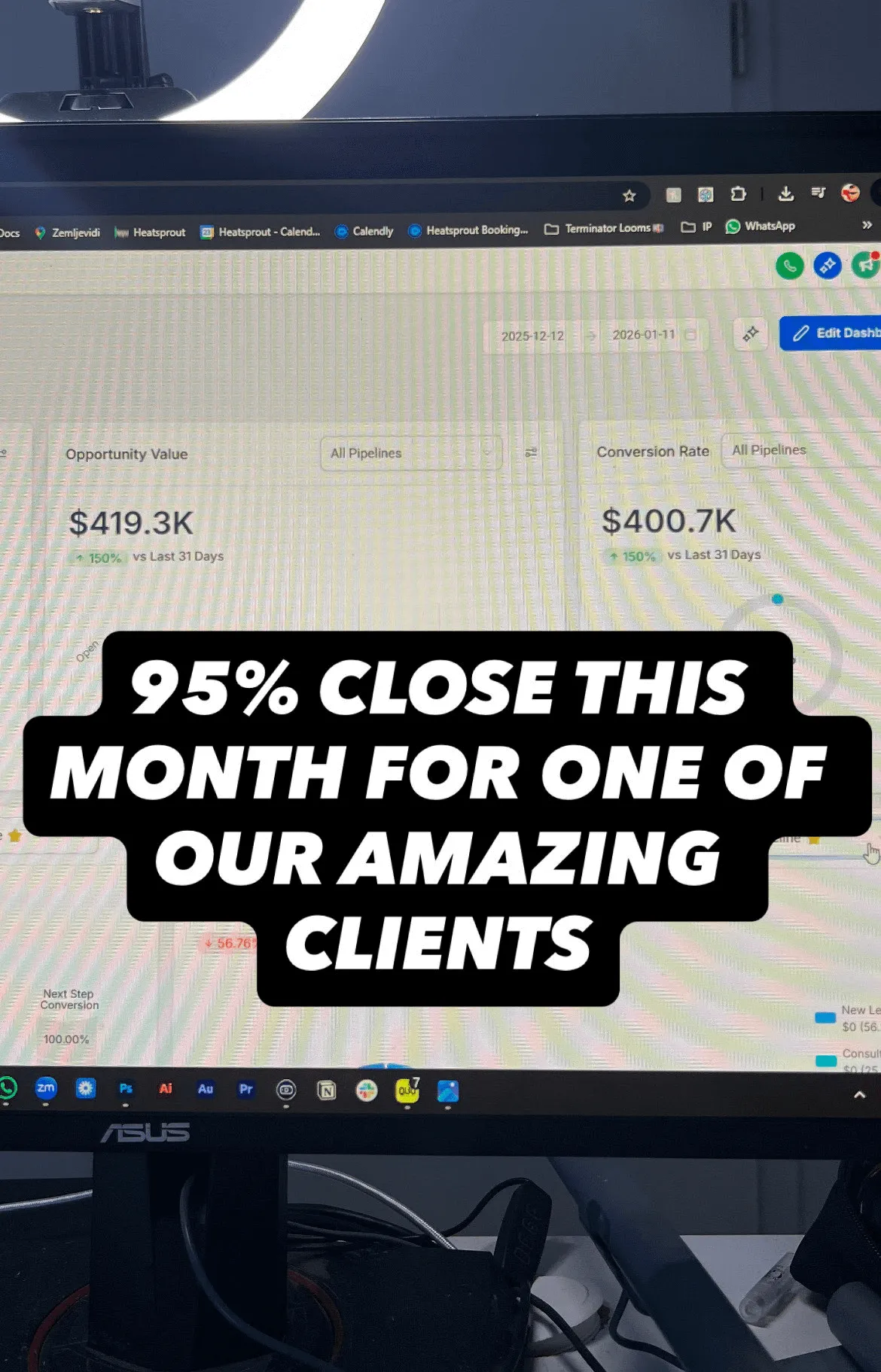 Client pipeline dashboard displaying $419.3K in opportunity value.